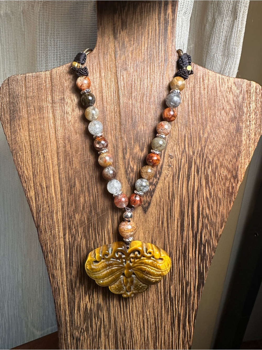 Tiger’s Eye Moth Pendant Necklace on Half Beaded Brown Adjustable Rope - Picture 13 of 15